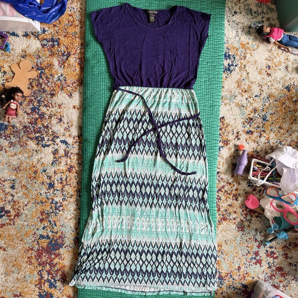 Vintage 90s Y2K Design 365 Blue Teal Geometric Maxi Dress Cottagecore Sundress M